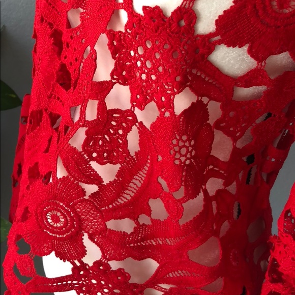 Peekaboo Lace Bell Sleeve Blouse - Red - Picture 5 of 7